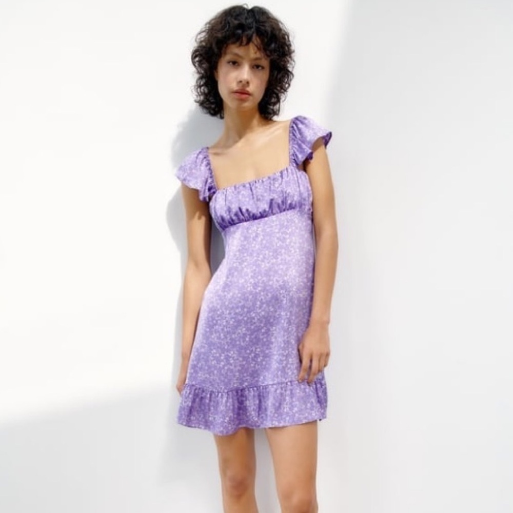 Zara Lilac Floral Satin Mini Dress Size L Square Neck Ruffle Sleeve Summer